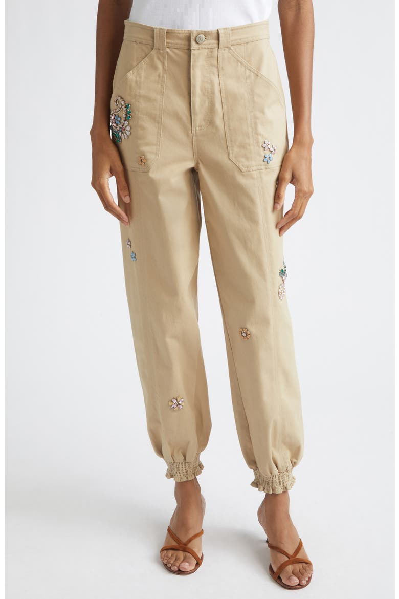 Rhinestone Paisley Embroidered Ankle Pants, Main, color, KHAKI