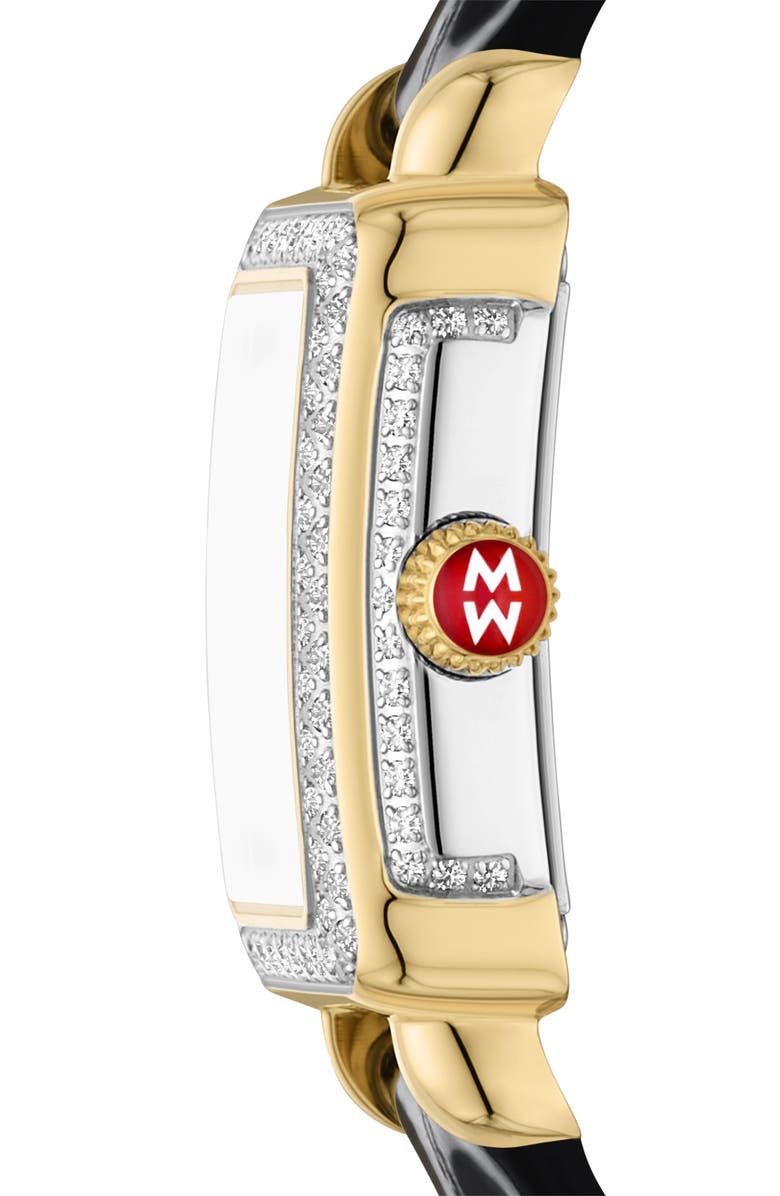 MICHELE Mini Deco Madison Special Edition Two-Tone 18K Gold Plate Diamond Pavé Leather Strap Watch, 23mm x 24mm, Alternate, color, Black