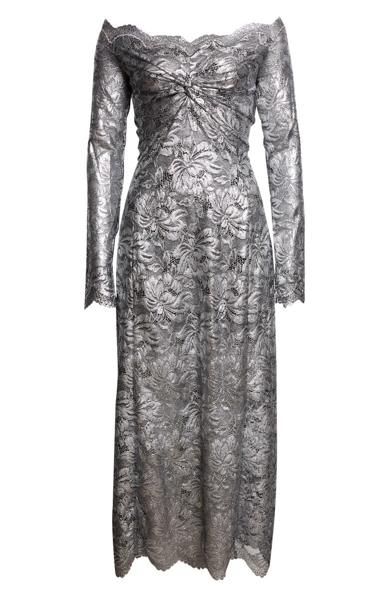 Rabanne Metallic Long Sleeve Stretch Lace Dress, Alternate, color, Black / Silver