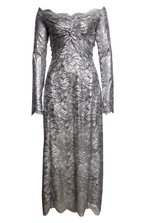 Rabanne Metallic Long Sleeve Stretch Lace Dress In Silver
