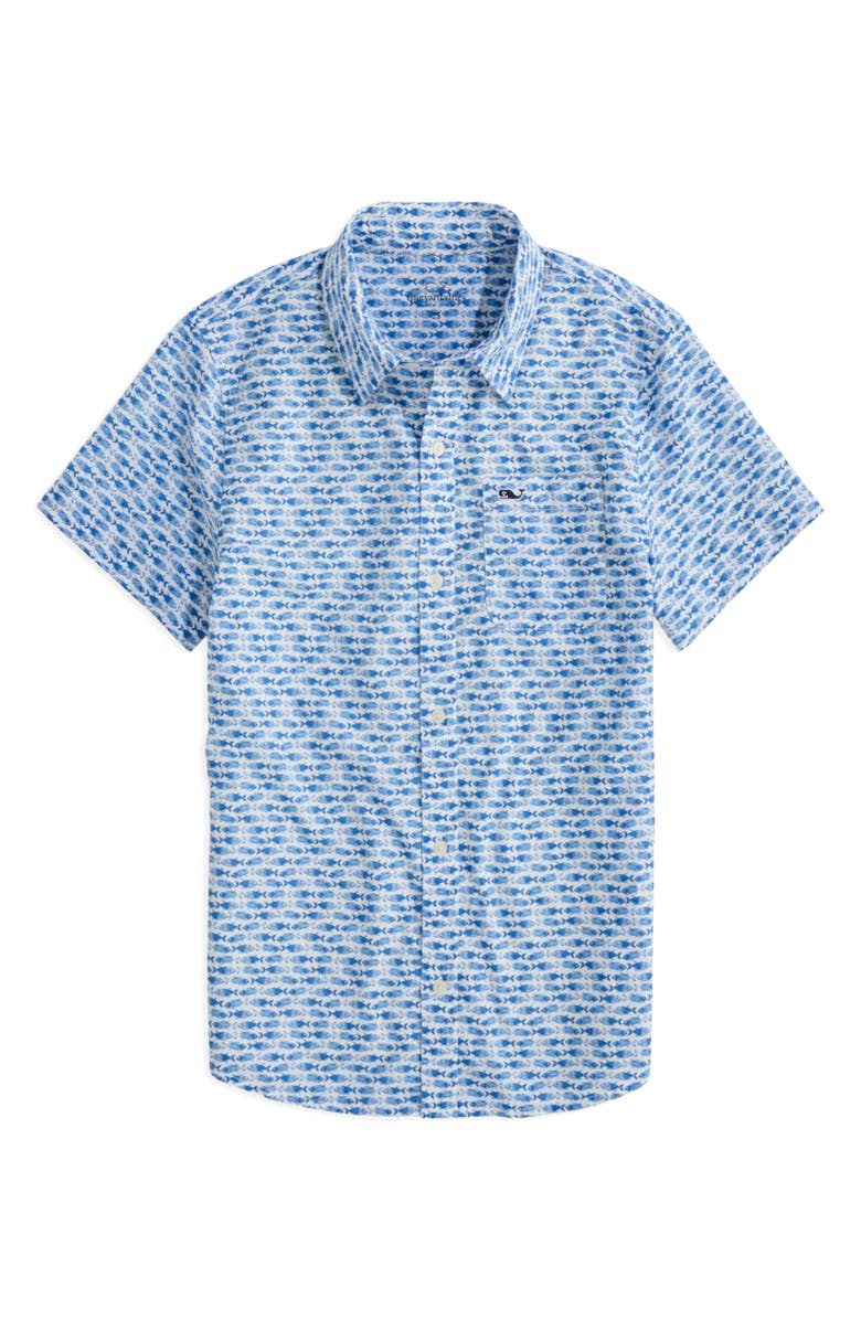 vineyard vines Kids' Print Short Sleeve Cotton Button-Up Shirt, Main, color, Fish/Jake Blue