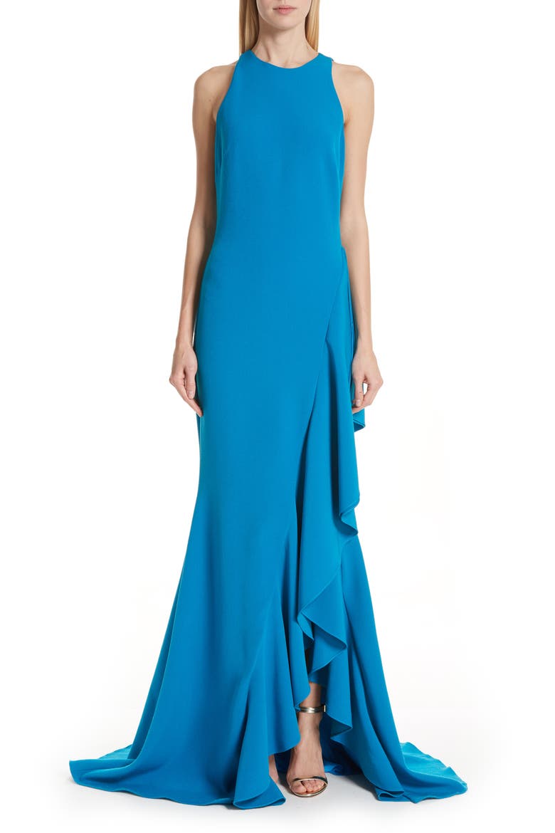 Badgley Mischka Side Ruffle Evening Dress, Main, color, BRIGHT AQUA