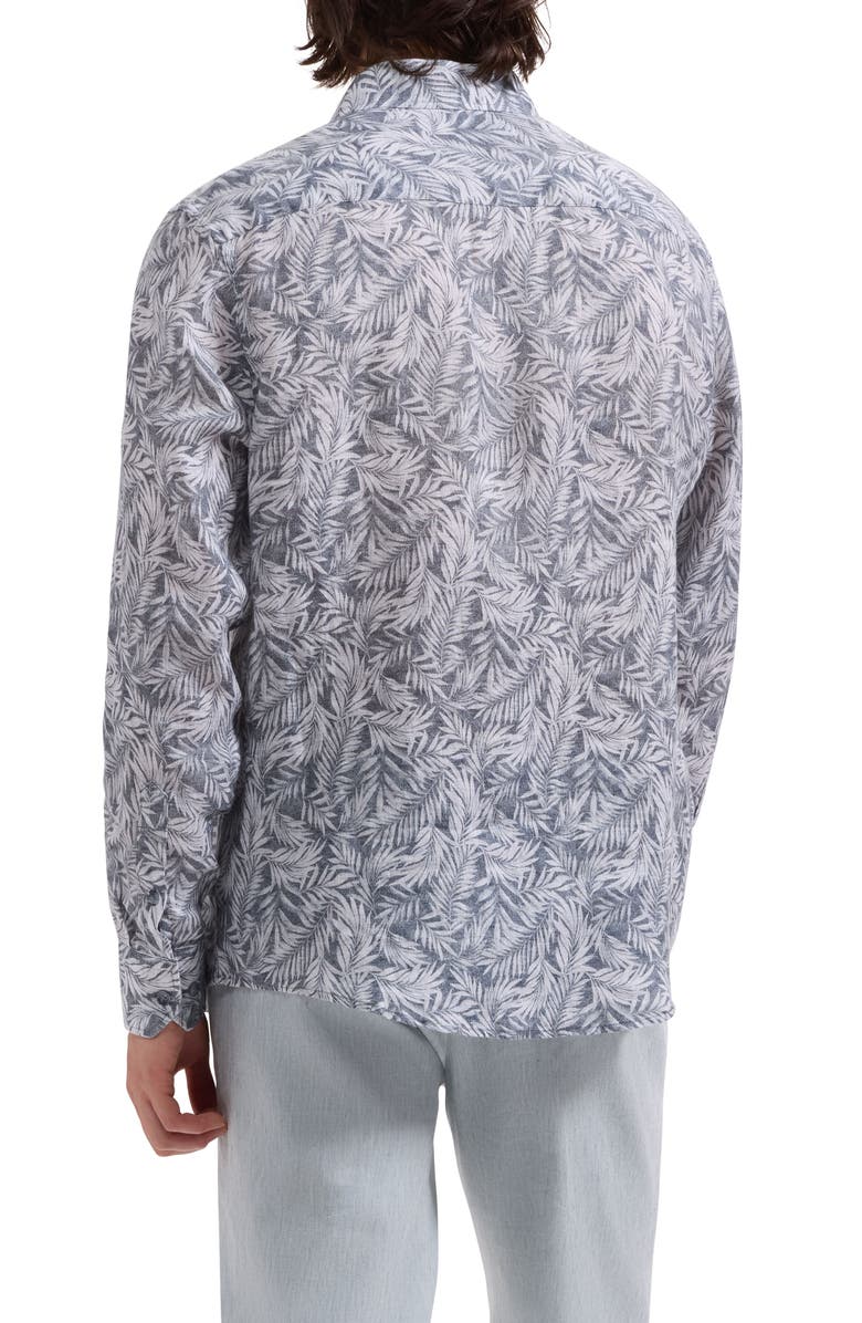Bugatchi Julian Shaped Fit Palm Leaf Print Linen Button-Up Shirt, Alternate, color, Navy