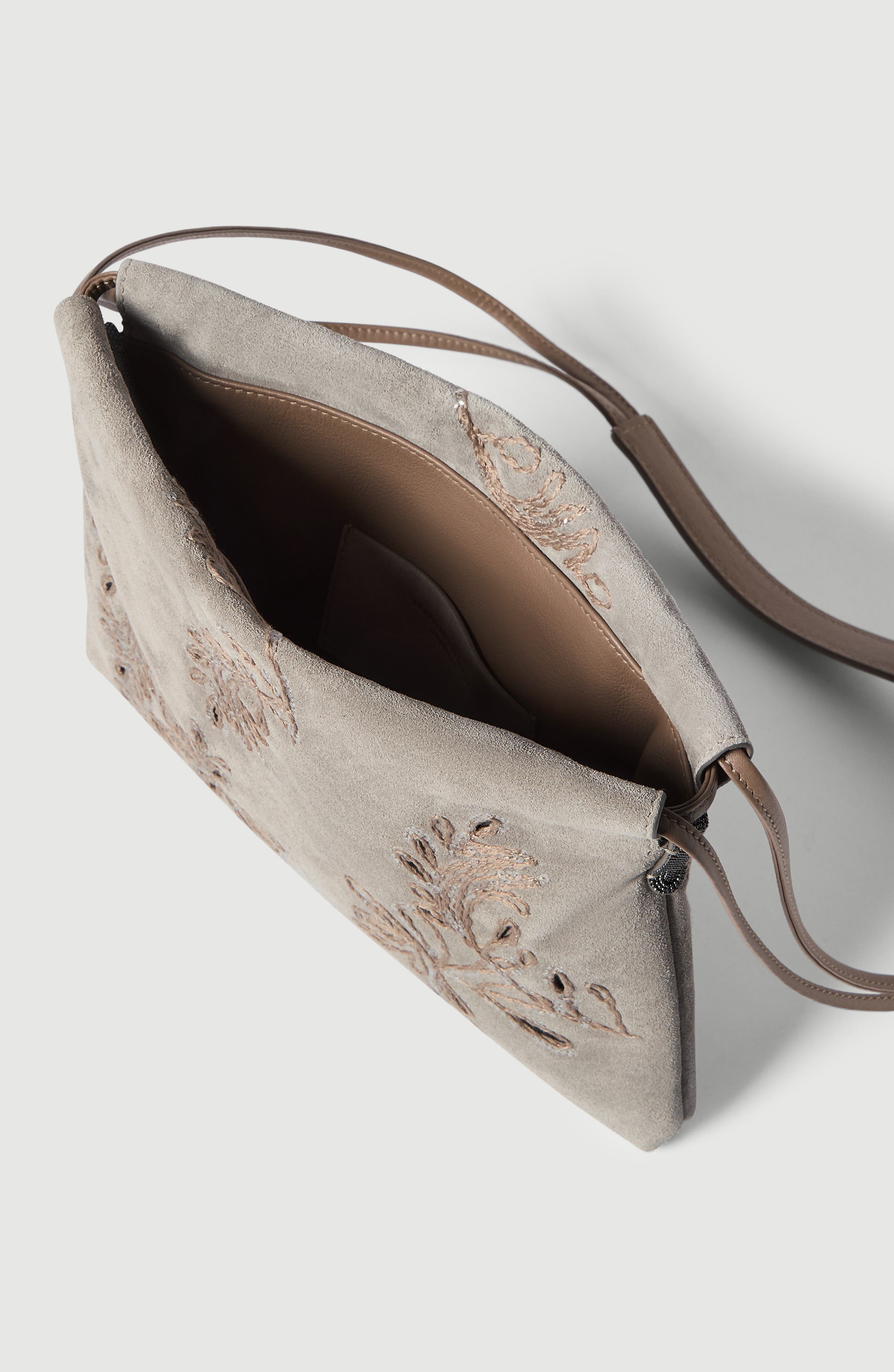 Brunello Cucinelli BC Duo pouch bag with broderie anglaise, Alternate, color, Light Grey