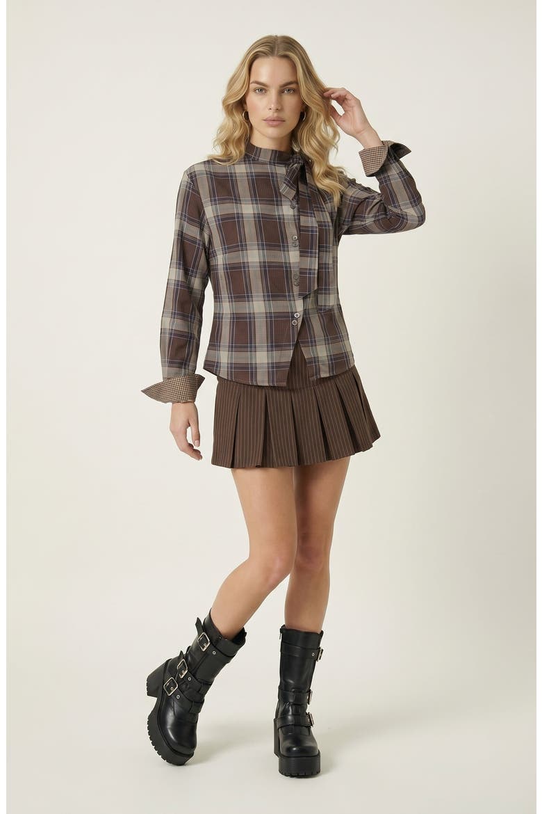 Plaid Long Sleeve Button Up Blouse with Side Tie, Alternate, color, Brown