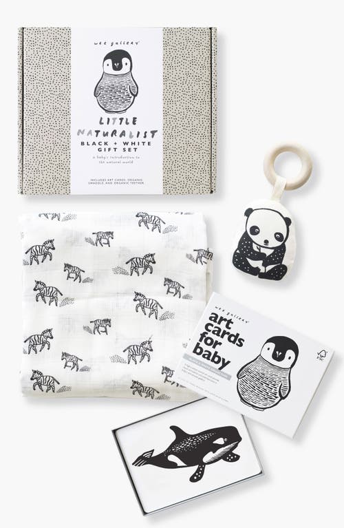 Wee Gallery Newborn Gift Set With Swaddle Blanket, Wooden Teether And Art Cards For Baby In Black