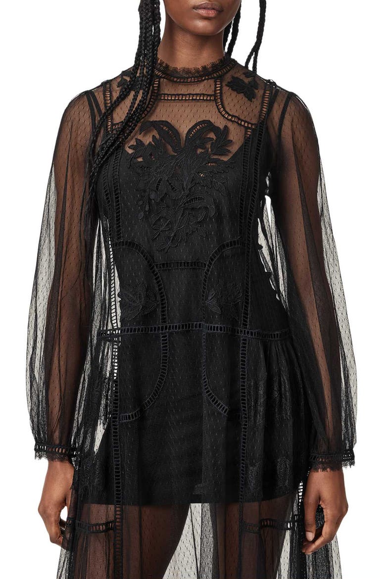 Cesca Embroidered Tulle Maxi Dress, Alternate, color, BLACK