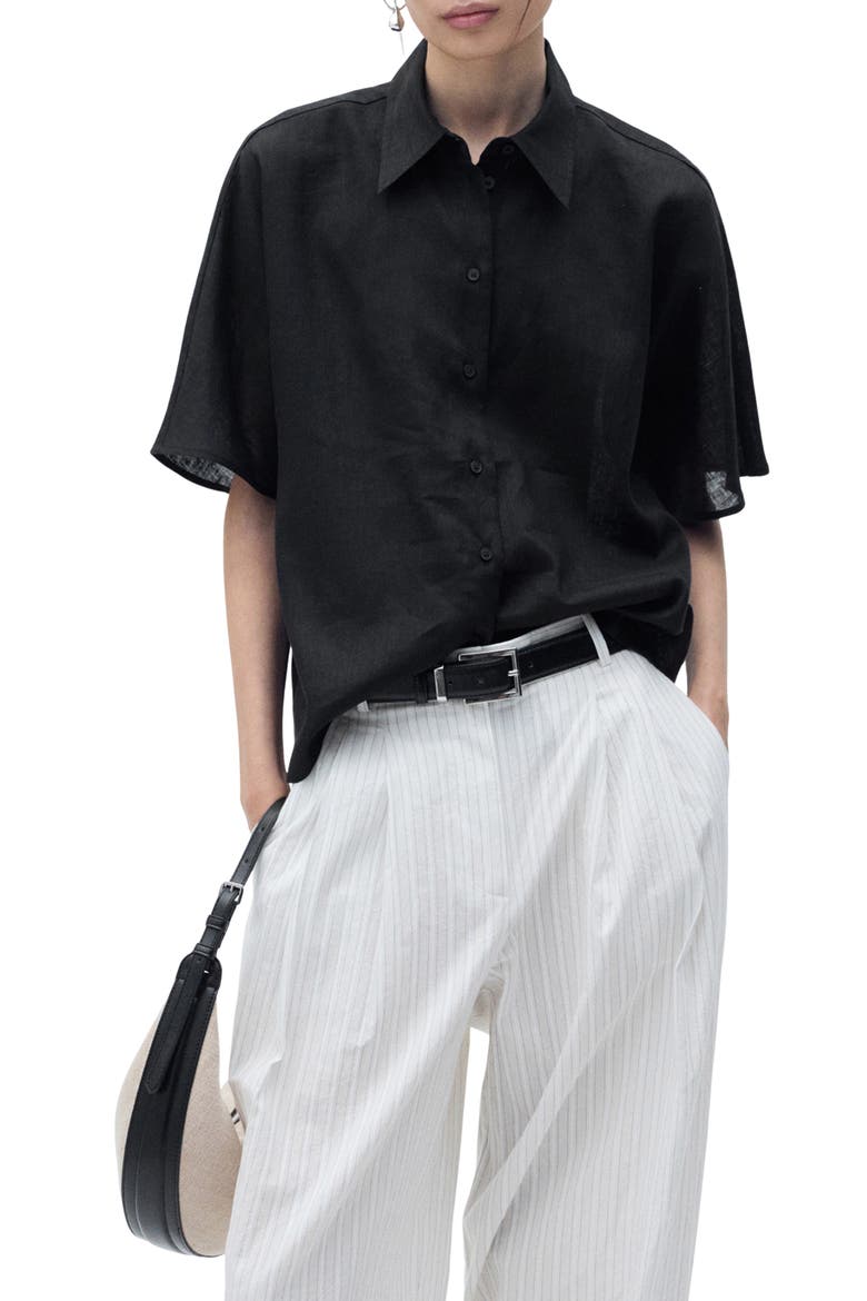 Pai Linen & Cotton Button-Up Shirt, Main, color, BLACK