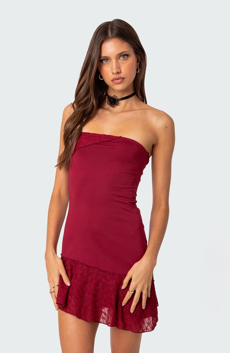 EDIKTED Lace Patchwork Strapless Minidress, Alternate, color, 