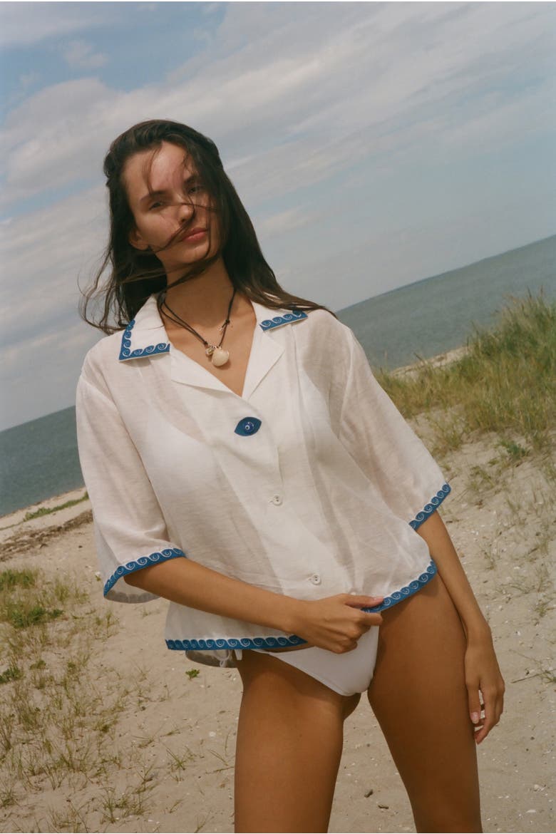 'Evil Eye' Relaxed Crop Cabana Top, Alternate, color, White