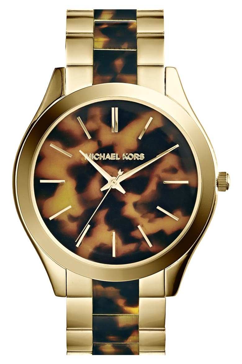 Michael Kors 'Slim Runway' Round Bracelet Watch, 42mm, Main, color, TORTOISE/ GOLD