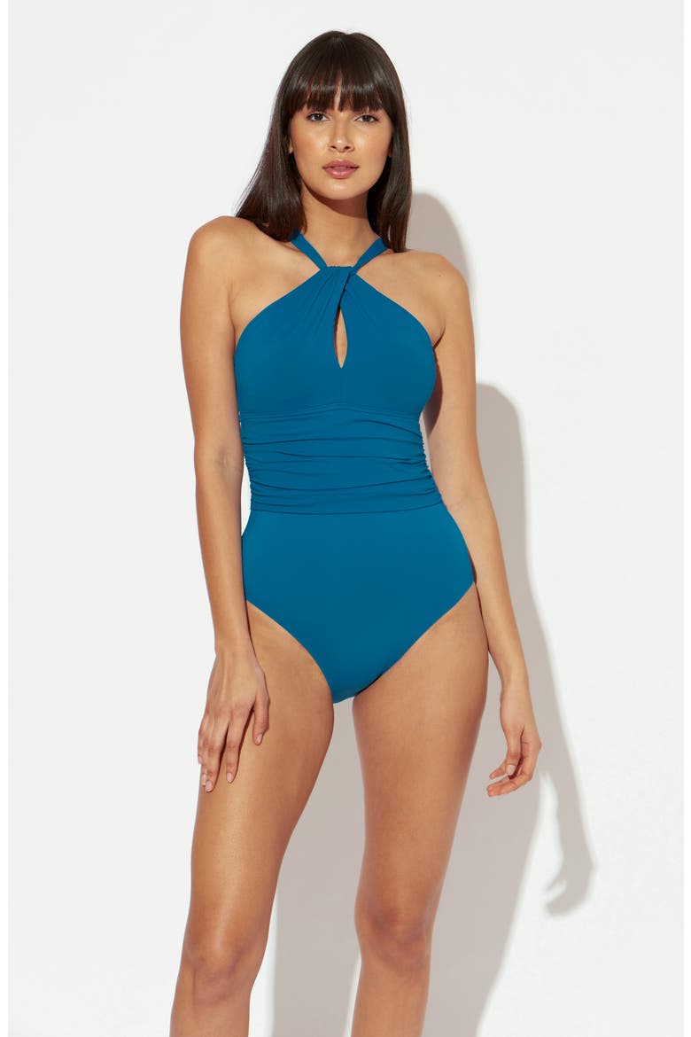 Goddess Keyhole High Neck One-Piece Swimsuit, Alternate, color, MIRAMAR BLEU