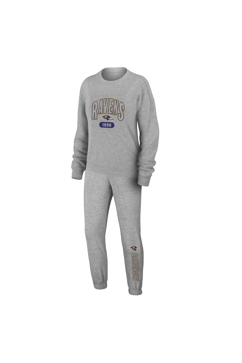 Women's WEAR by Erin Andrews  Heather Gray Baltimore Ravens Plus Size Knitted Tri-Blend Long Sleeve T-Shirt & Pants Lounge Set, Main, color, Heather Gray