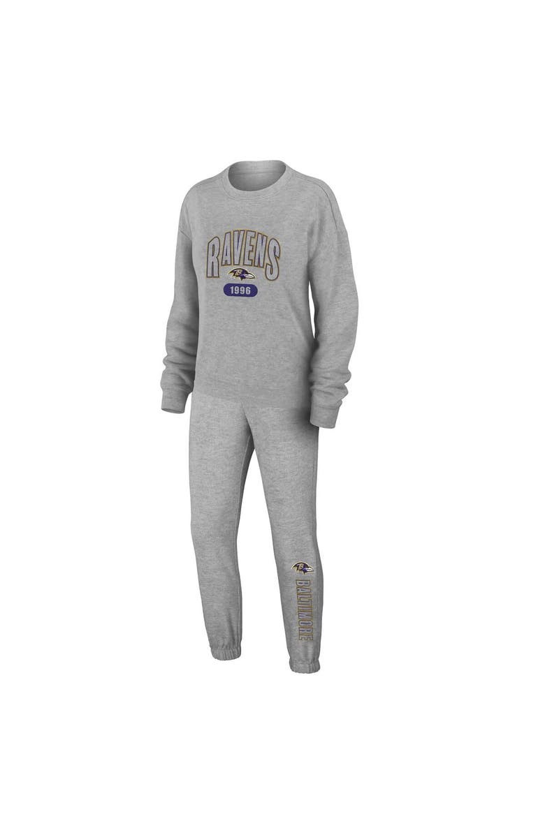 WEAR by Erin Andrews Women's WEAR by Erin Andrews  Heather Gray Baltimore Ravens Plus Size Knitted Tri-Blend Long Sleeve T-Shirt & Pants Lounge Set, Main, color, Heather Gray