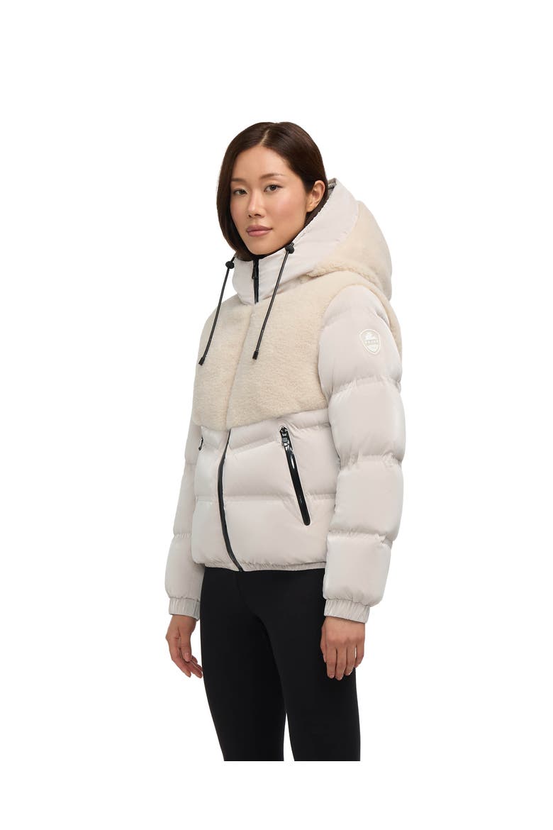 Nephele Mixed Media Short Puffer with Fixed Hood, Alternate, color, Champagne