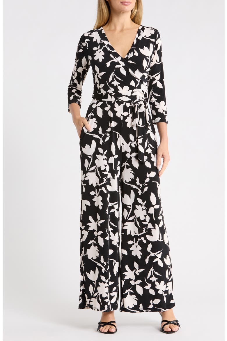 Three Quarter Sleeve Wide Leg Jumpsuit, Main, color, BLACK FLORAL