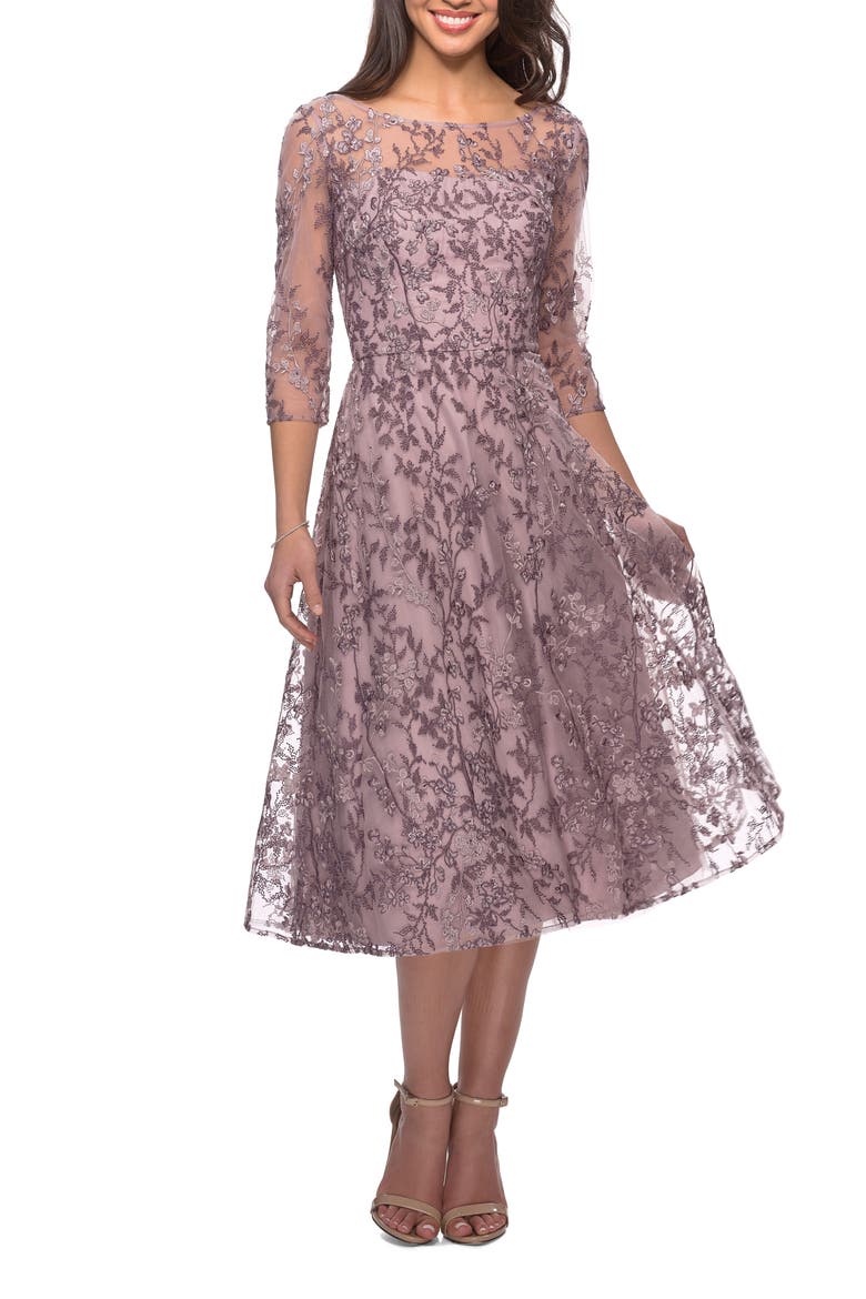 Tea Length Embroidered Dress with Sheer Sleeves, Main, color, Dusty Lilac