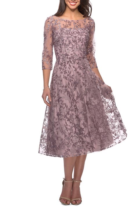 Tea Length Embroidered Dress with Sheer Sleeves