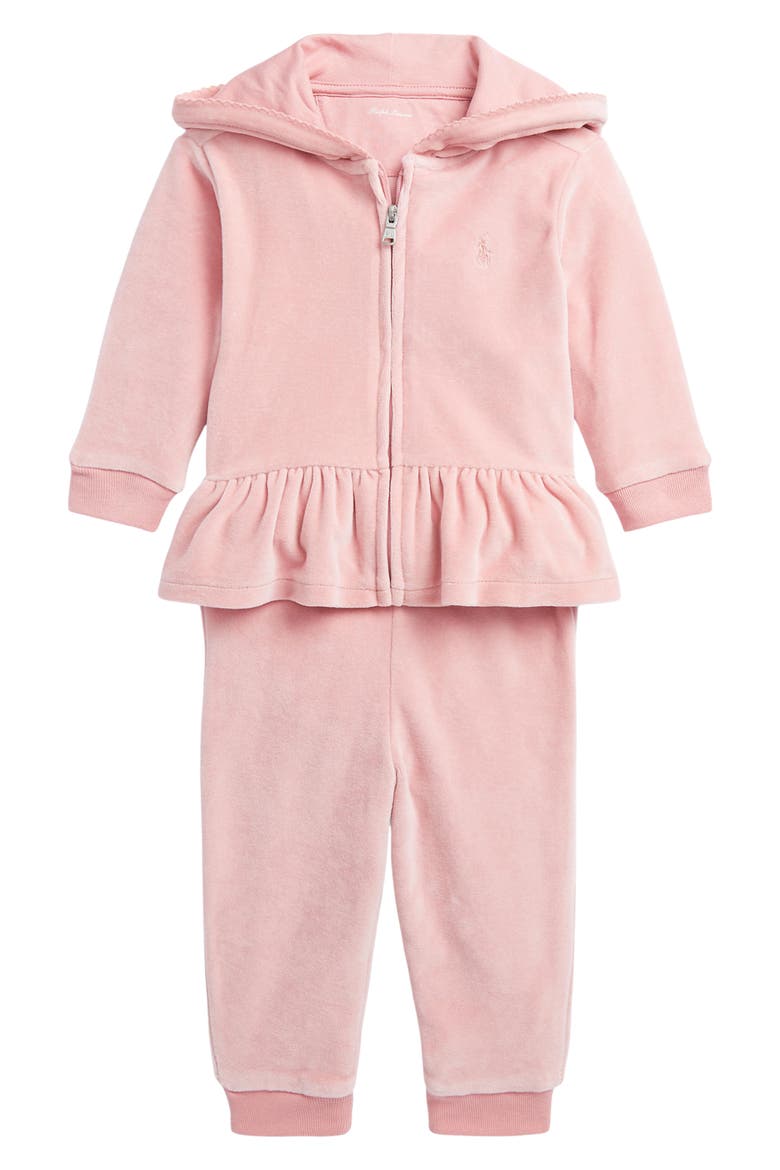 Velour Zip-Up Peplum Hoodie & Joggers Set, Main, color, TICKLED PINK