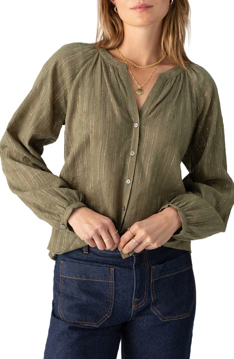 Sanctuary Shimmer Embroidered Metallic Cotton Button-Up Shirt, Main, color,