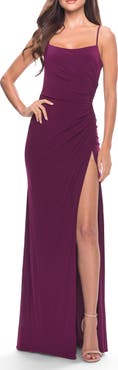 La Femme Elegant Jersey Dress with Ruching and Square Neckline