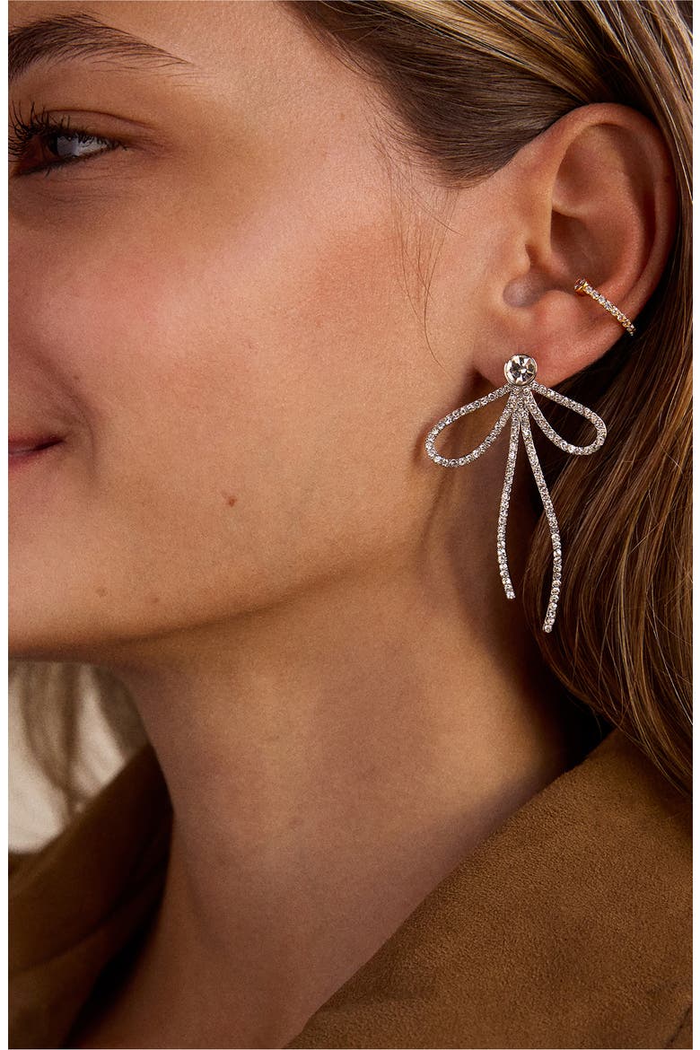Madeline Crystal Bow Drop Earrings, Alternate, color, SILVER