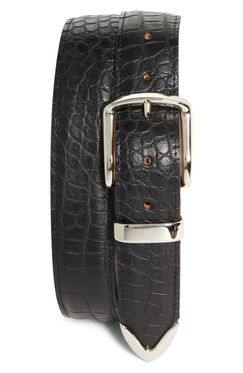 Noah Croc Embossed Metal Tip Leather Belt, Main, color, Black