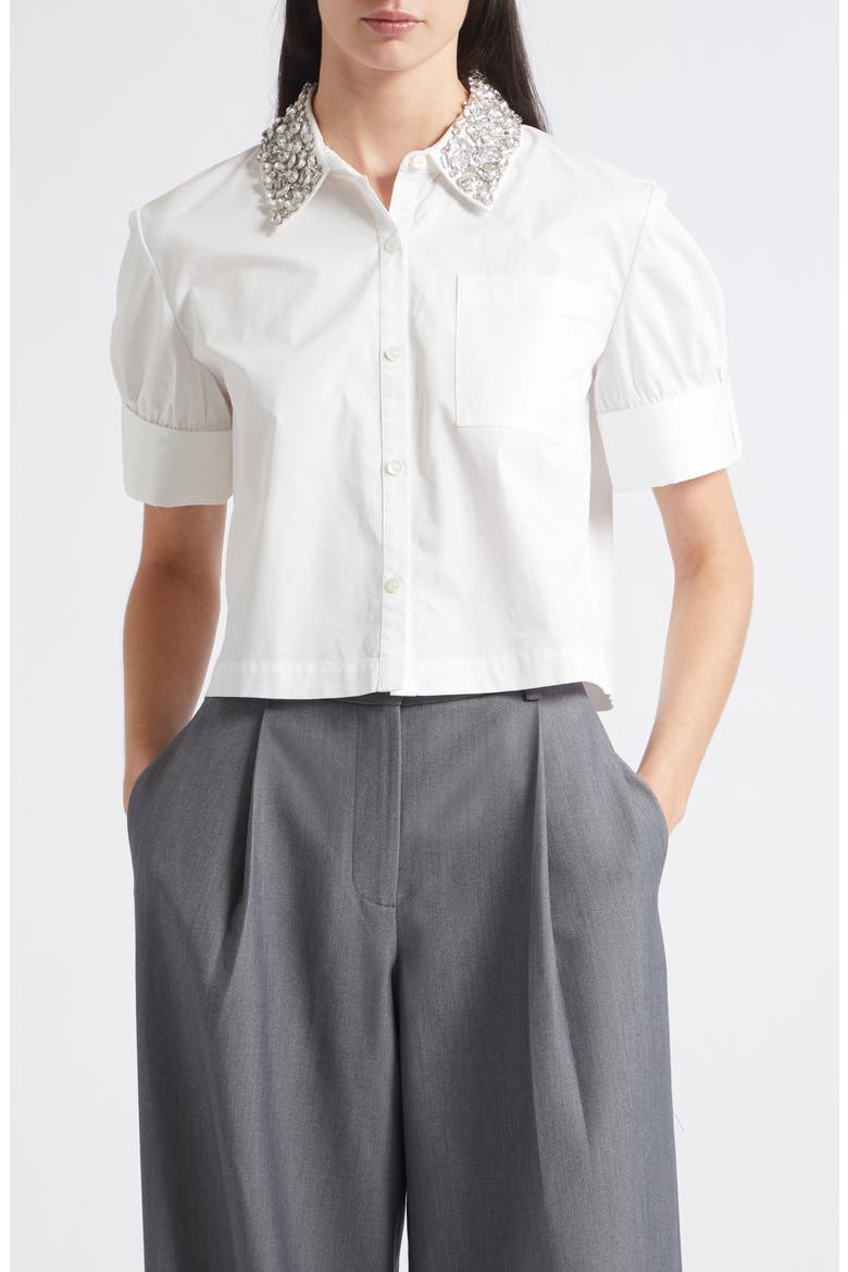 Zadie Rhinestone Collar Stretch Poplin Button-Up Shirt, Main, color, OPTIC