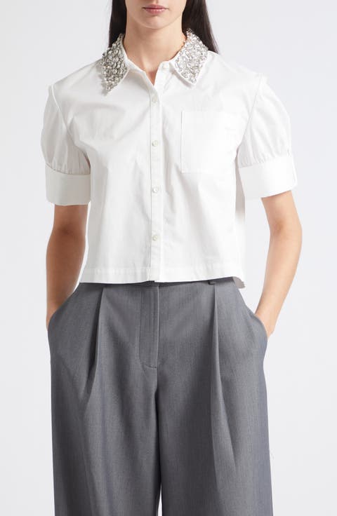 Zadie Rhinestone Collar Stretch Poplin Button-Up Shirt