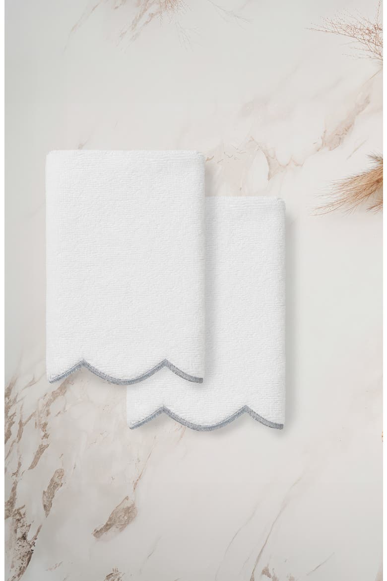 Adornia Embroidered Scallop 2-Piece Washcloth Set, Alternate, color, WHITE/ GRAY