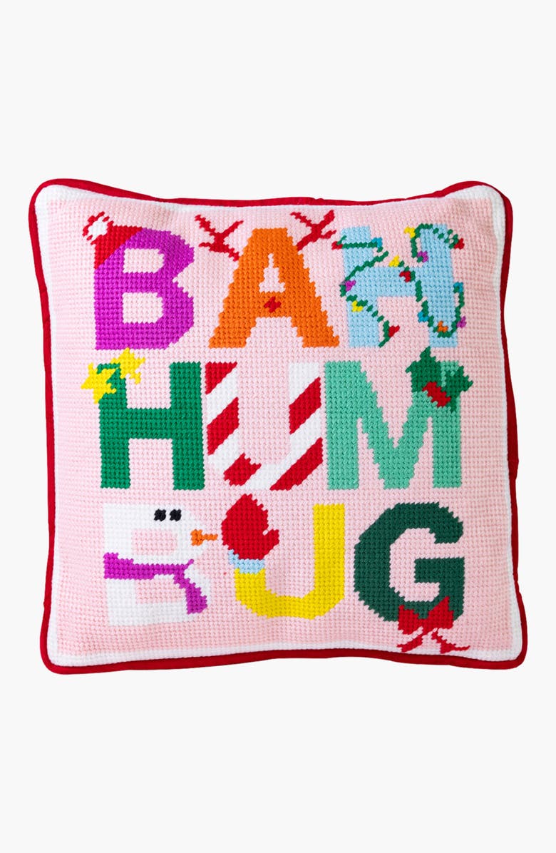 Furbish Bah Humbug Holiday Needlepoint Pillow, Main, color, Red