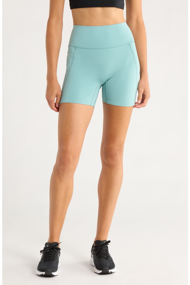 Universa Medium-Support High-Waisted 5-Inch Pocket Biker Shorts, Main, color, CANNON/ BICOASTAL/ BICOASTAL