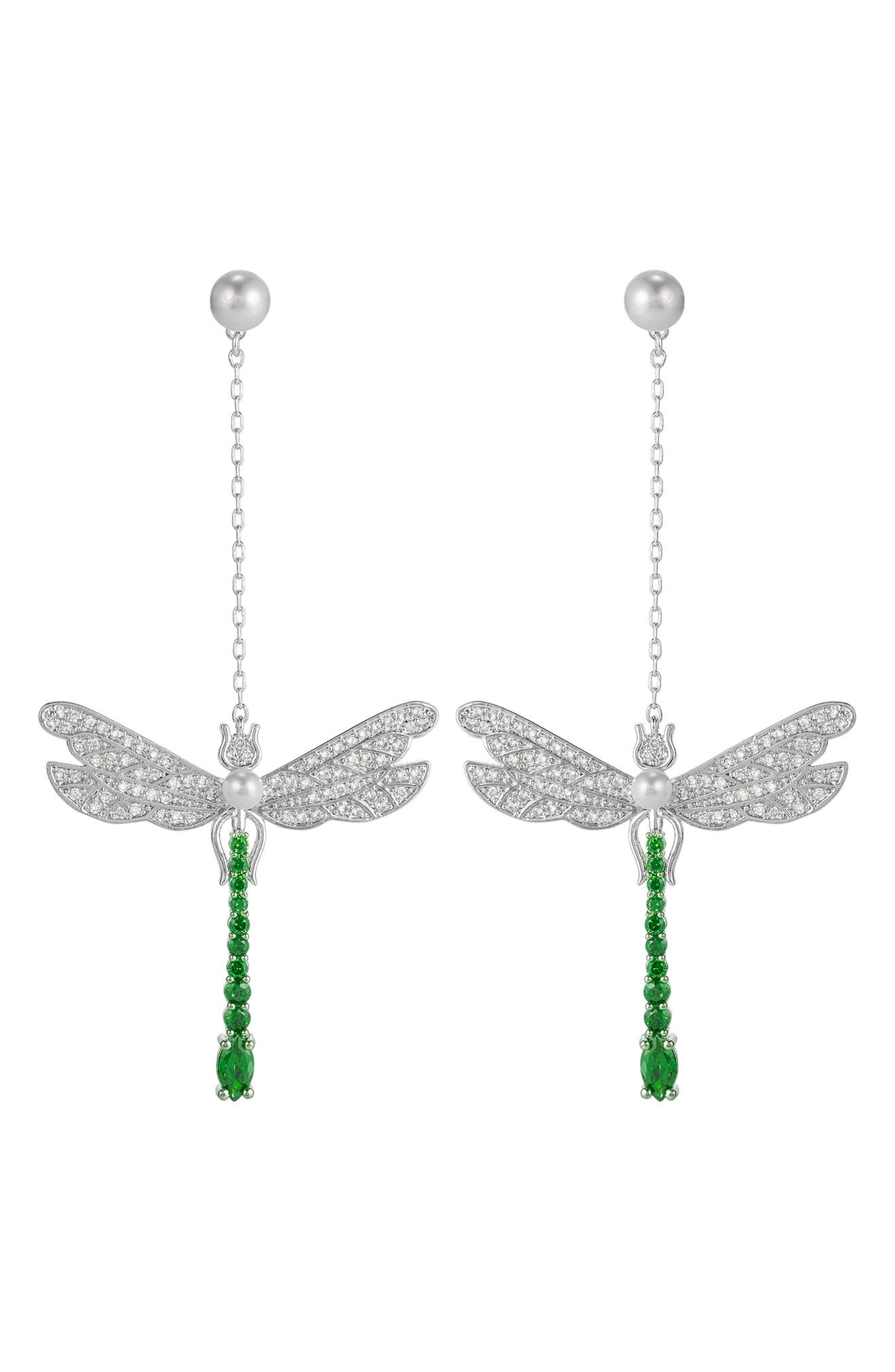 Pavé Cubic Zirconia & Faux Pearl Dragonfly Drop Earrings
