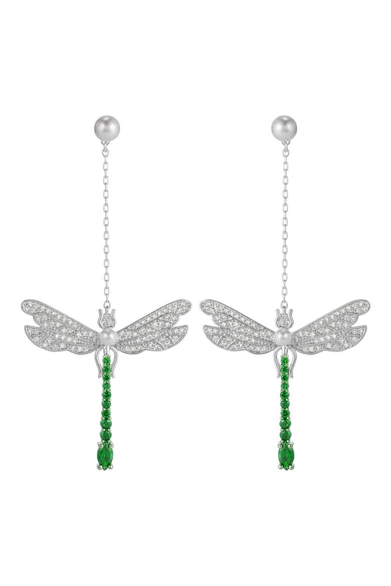 Pavé Cubic Zirconia & Faux Pearl Dragonfly Drop Earrings, Main, color, SILVER