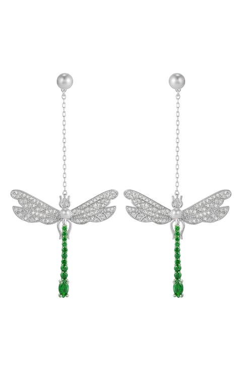 Pavé Cubic Zirconia & Faux Pearl Dragonfly Drop Earrings