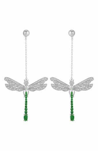 Pavé Cubic Zirconia & Faux Pearl Dragonfly Drop Earrings