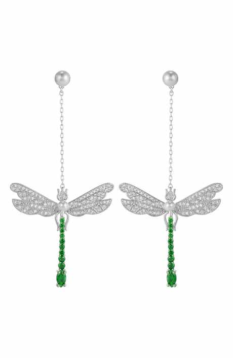 Pavé Cubic Zirconia & Faux Pearl Dragonfly Drop Earrings