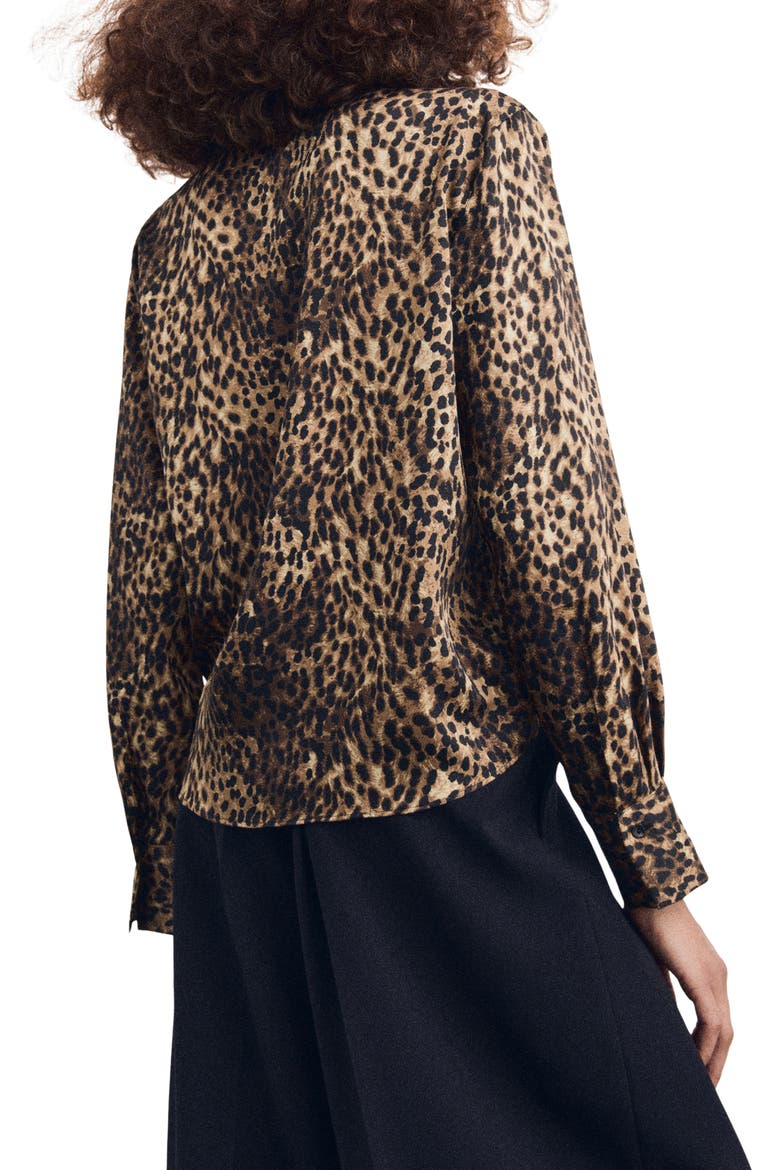 Leopard Print Satin Button-Up Shirt, Alternate, color, BROWN