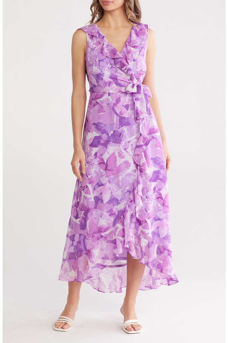 Floral Sleeveless Ruffle Maxi Dress, Main, color, IVORY/ PURPLE