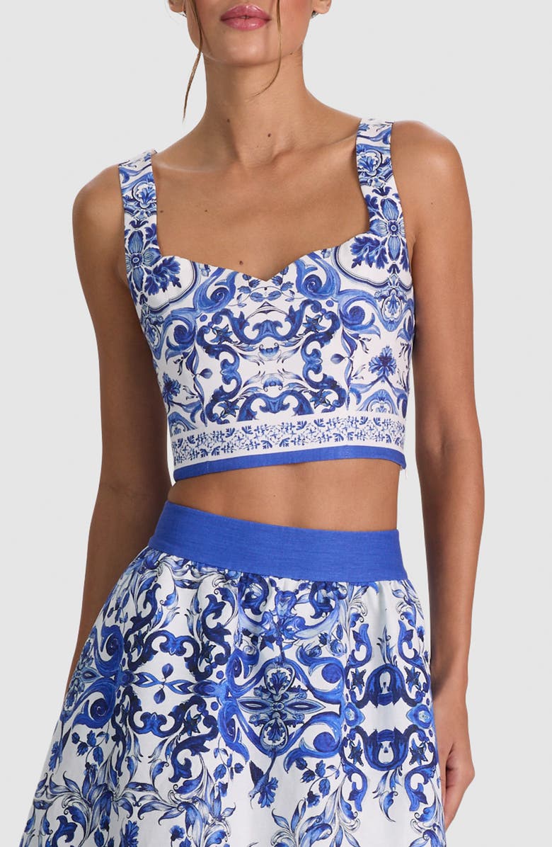 Alice + Olivia Miriam Tie Back Linen Blend Crop Top, Main, color, Solstice