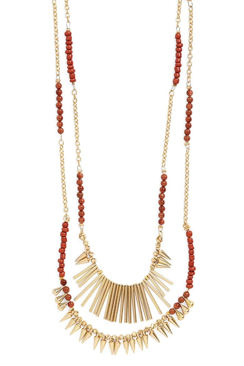 Beaded Fringed Two-Row Necklace, Alternate, color, BROWN GOLDSTONE/ GOLD
