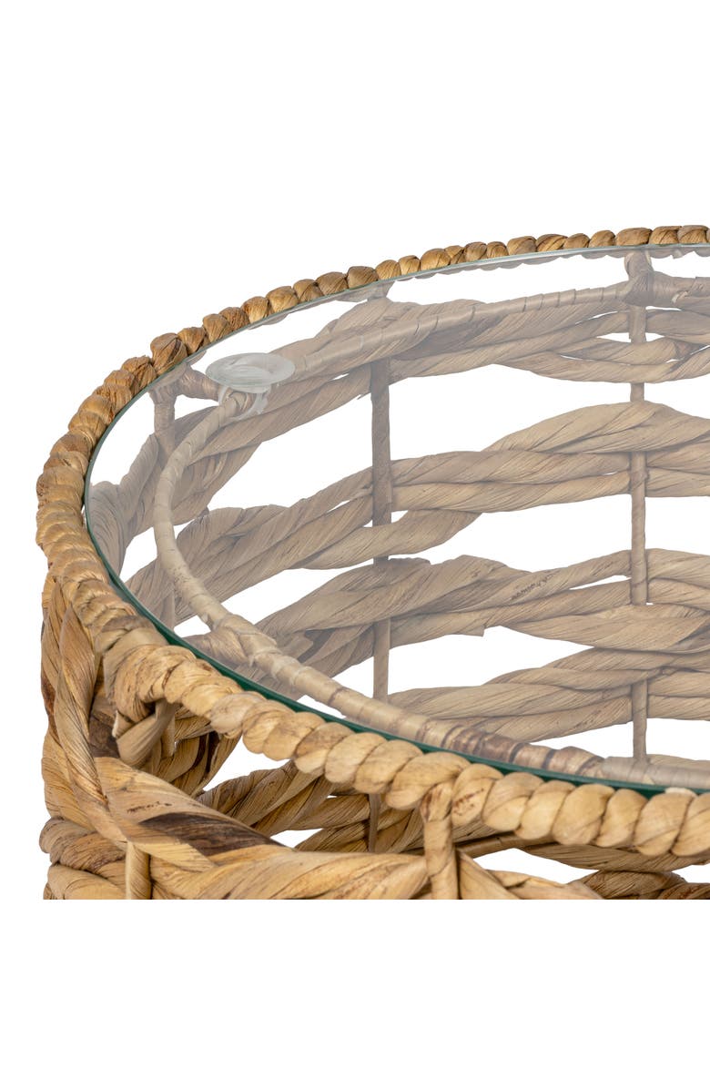 JONATHAN Y Malaya 16" Bohemian Coastal Handwoven Water Hyacinth Open Weave Round End Table with Glass Top, Alternate, color, Natural