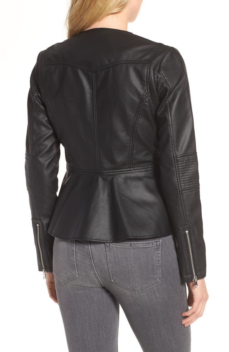 GUESS Perforated Peplum Hem Faux Leather Jacket, Alternate, color,