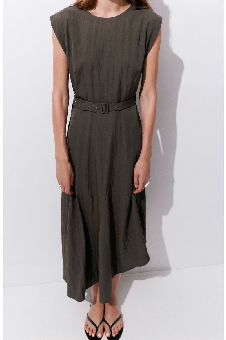 Belted Sleeveless Asymmetric Dress, Alternate, color, BROWN