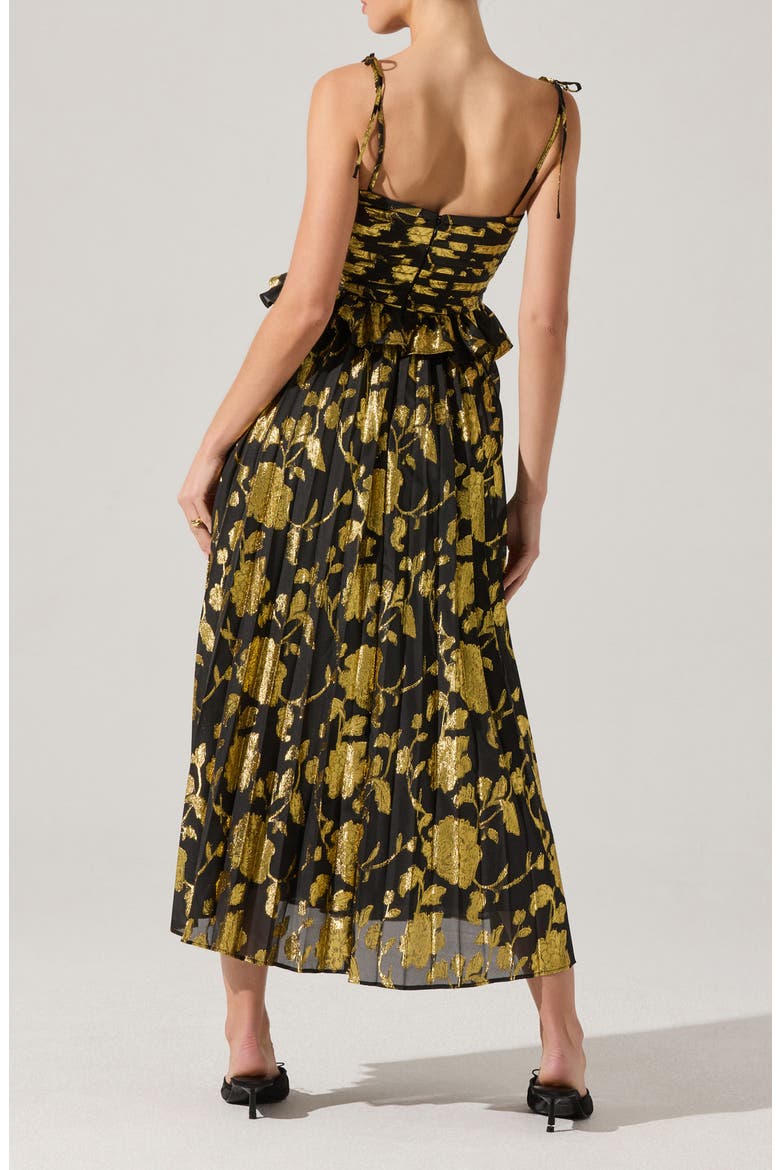 Emerys Metallic Floral Pleated Midi Dress, Alternate, color, BLACK GOLD