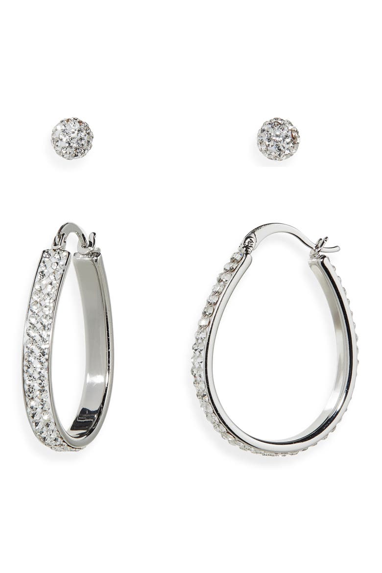 Set of 2 Cubic Zirconia Ball & Hoop Earrings, Alternate, color, CLEAR- SILVER