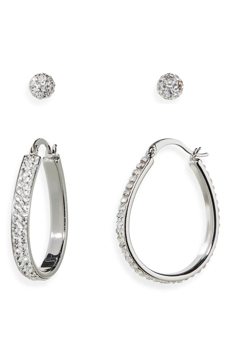 NORDSTROM RACK Set of 2 Cubic Zirconia Ball & Hoop Earrings, Alternate, color, Clear- Silver