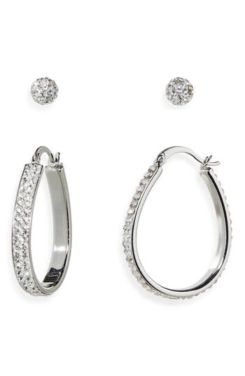 Nordstrom Rack Set Of 2 Cubic Zirconia Ball & Hoop Earrings In Silver