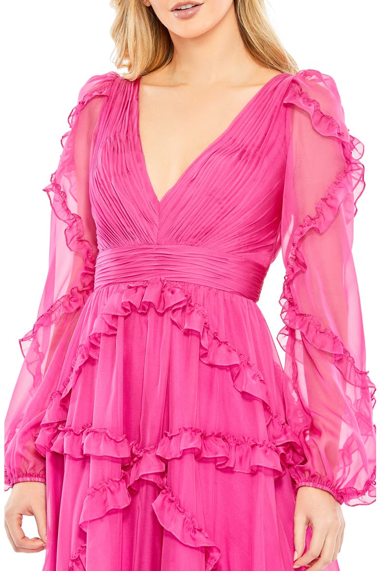 Cascade Ruffle Long Sleeve A-Line Gown, Alternate, color, FUCHSIA