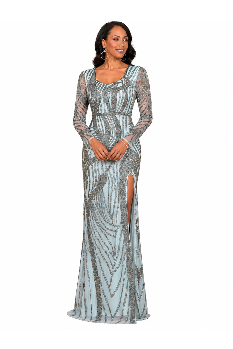 Cascading Beads Long Sleeve Dress, Main, color, Blue Mercury